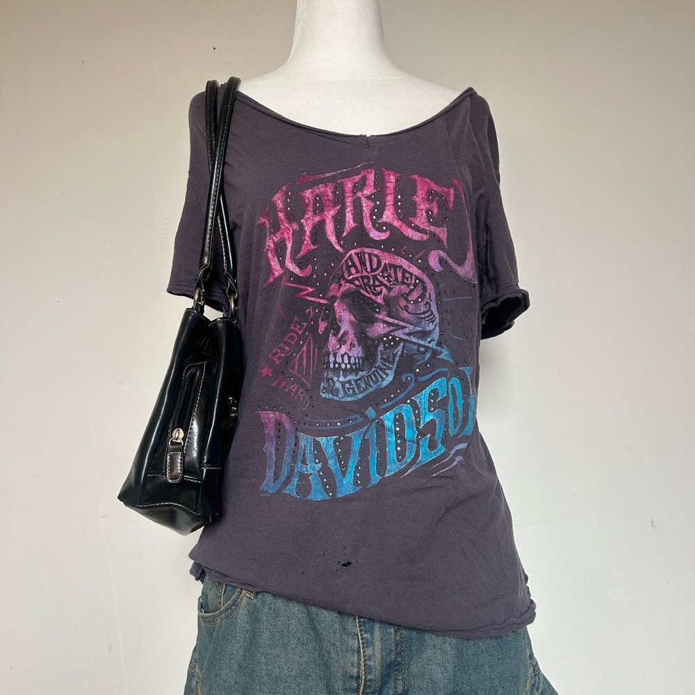 Harley-Davidson Gray Graphic Skull Tee with Rhinestones